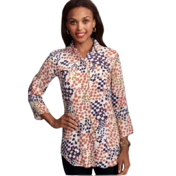 CAbi #404‎ Shirt Grand Prix Print Button Front Tunic Top Women's S Blue Orange - Picture 11 of 11